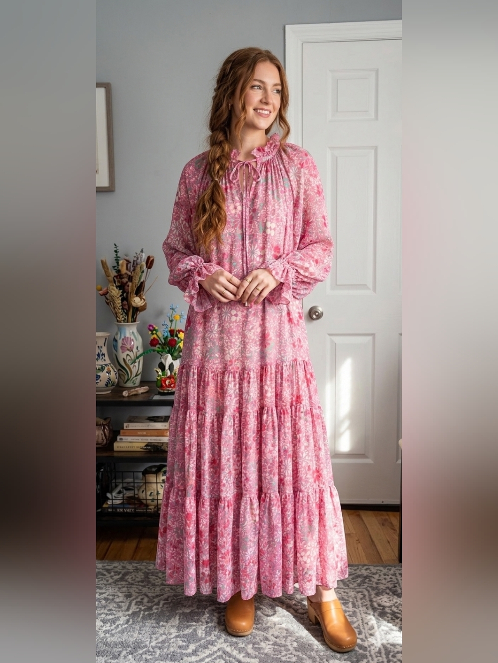 Free People Pink Floral Tiered Maxi Dress with Ruffle Neckline